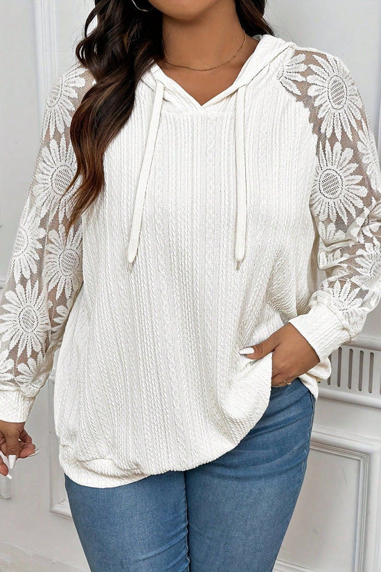 European And American-style Round-neck Hollow-out Pullover With Lace Paneling And Long Sleeves 