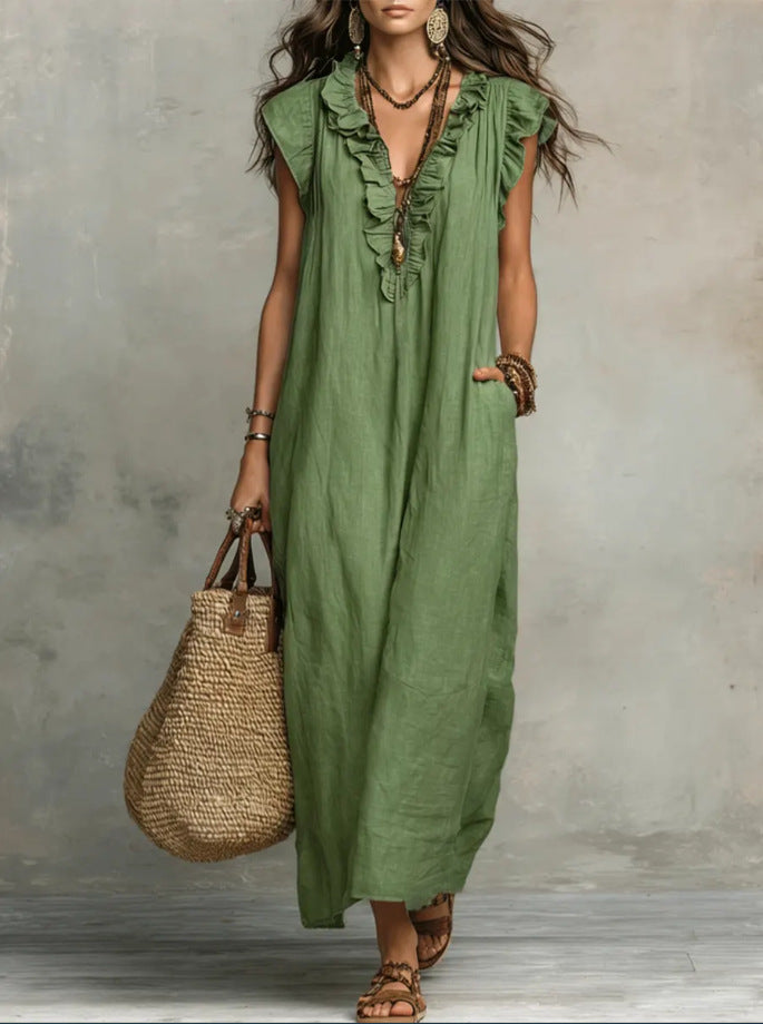 Women's Spring Summer Pocket Ruffle Elegant Dress 