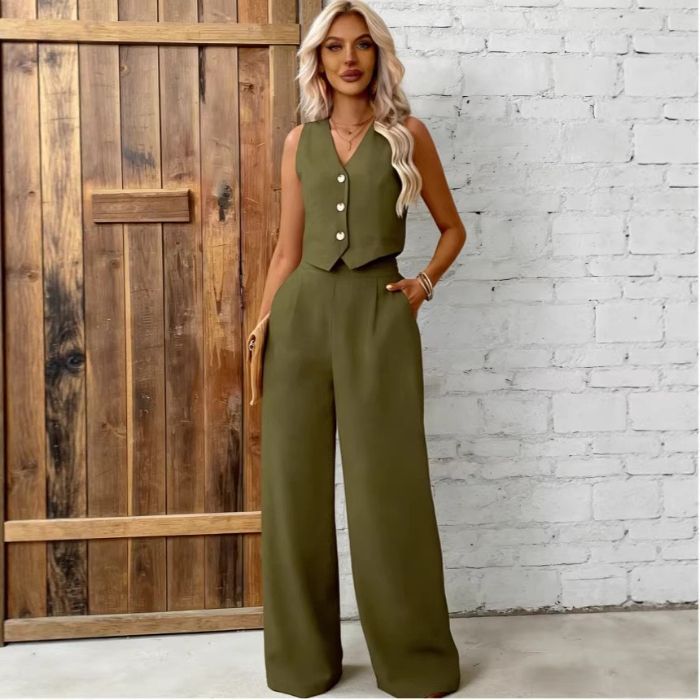 Womens Fashion Plus-Size Buttoned Vest Set 