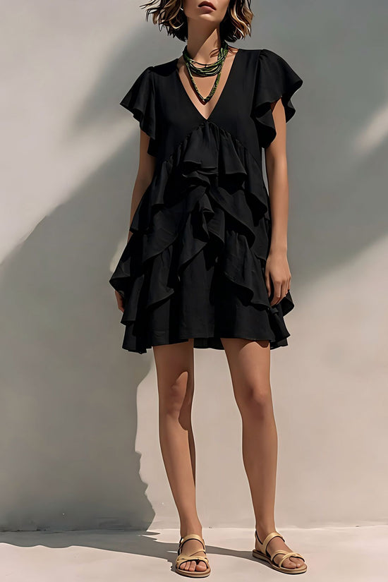 Women's V-Neck Ruffled-Edge Short-Sleeve Casual Loose Dress 