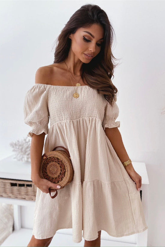 Casual One Word Collar Wrinkle Puff Sleeve Mid Dresses 