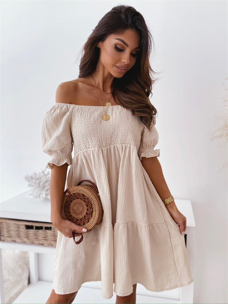 Casual One Word Collar Wrinkle Puff Sleeve Mid Dresses 