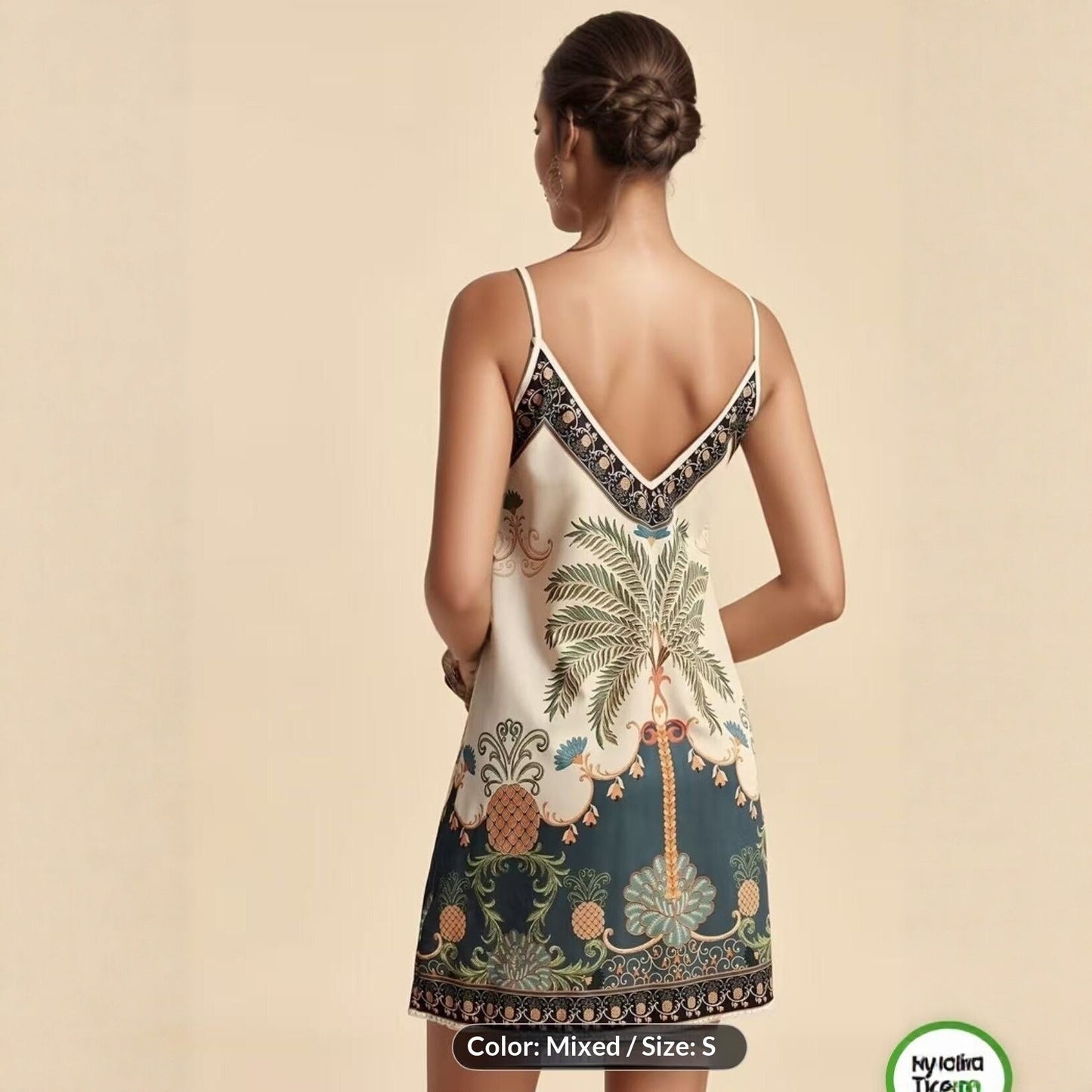 European And American-style Tropical Print V-Neck Slip Dress 