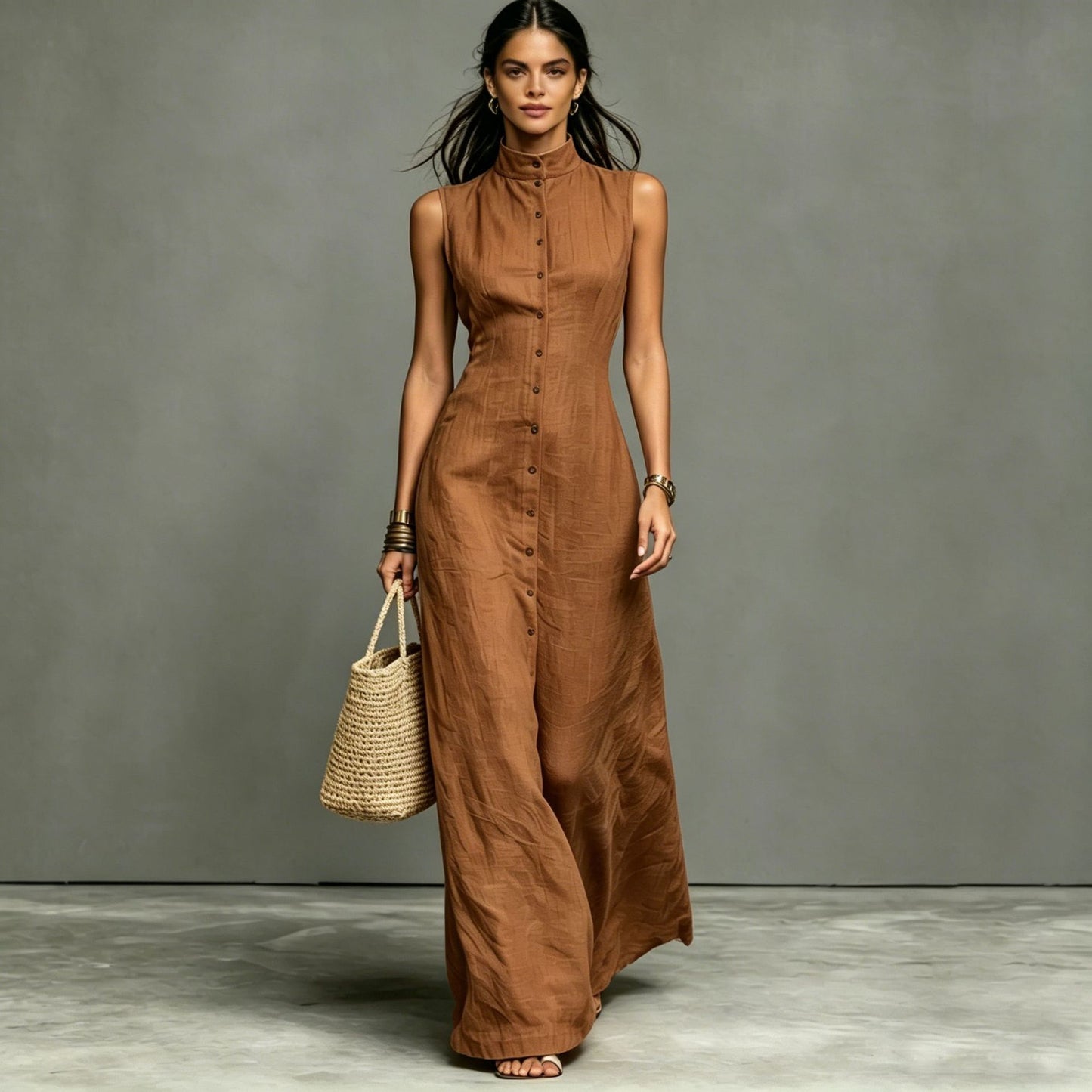 Blended Fabric Stand-up Collar Single-breasted Sleeveless Maxi Dress 
