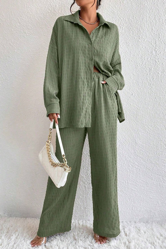 Summer New European And American Style Pleated Long-Sleeve Lapel Loose Two-Piece Set 