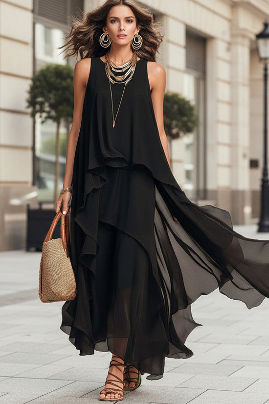 Black Sleeveless Asymmetrical Chiffon Maxi Elegant Flowing Womens Dress 