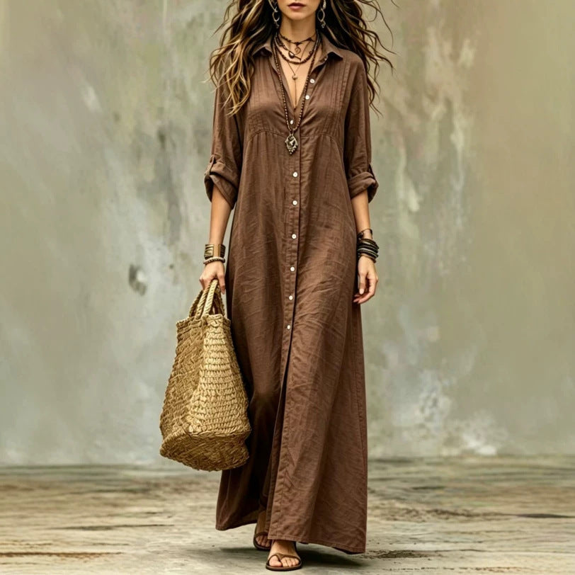 Shirt-collar Floor-length Casual Simple Long Dress 