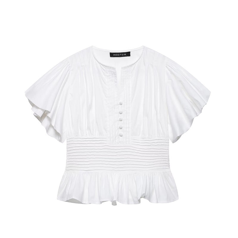 Ruffle-trimmed Puff-sleeve Blouse Top 