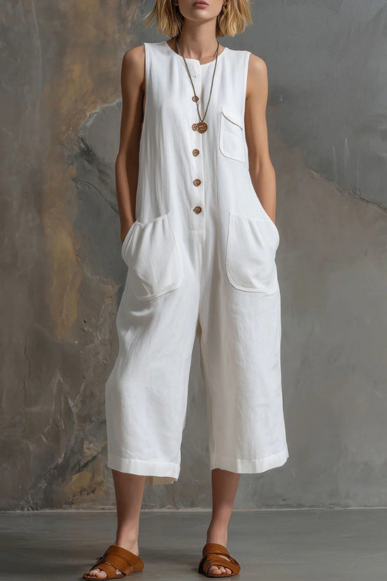 Retro Sleeveless Cotton-Linen Wide-Leg Cropped Jumpsuit 