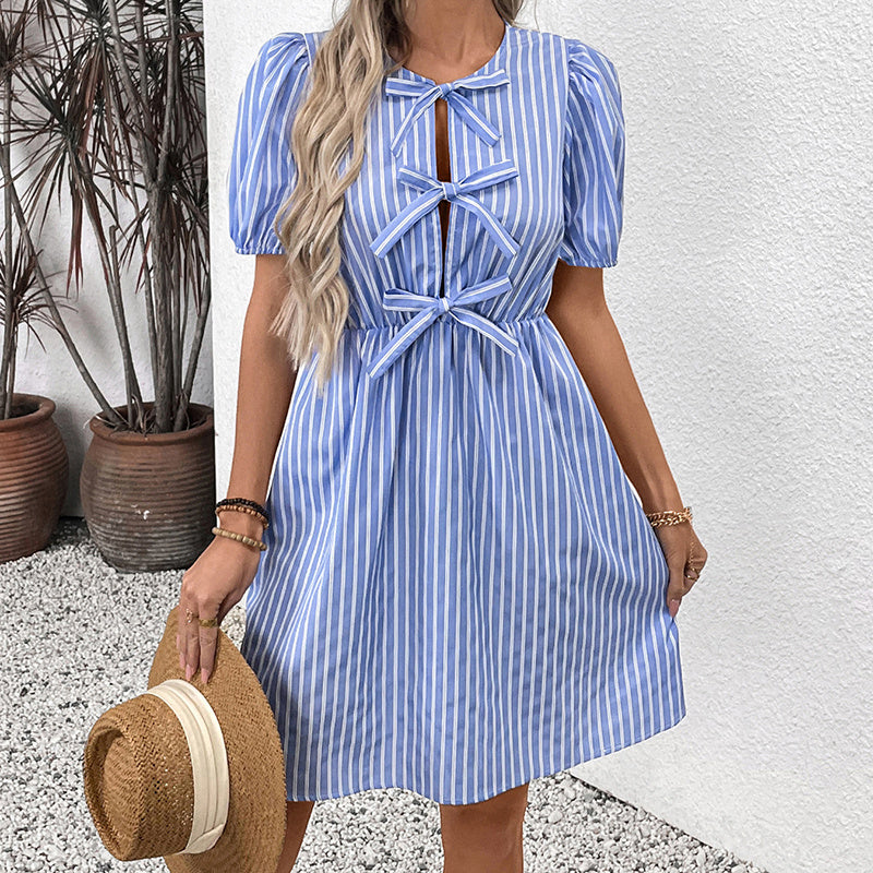 Women’s Striped Tie-Front Puff Sleeve Mini Dress CJ US