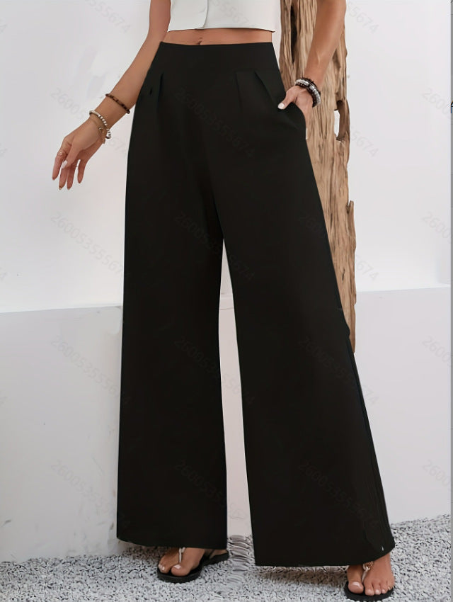 Pocketed High-waisted Fashionable Versatile Wide-leg Trousers Long Pants 