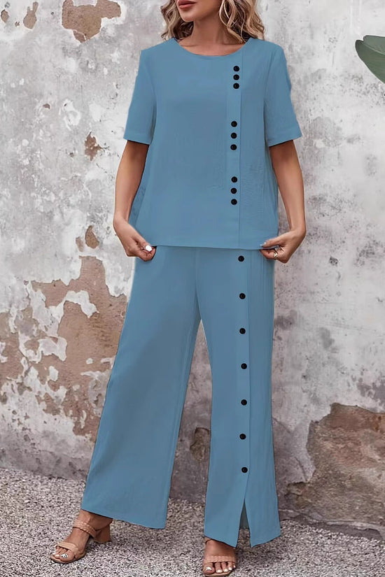 Two-piece Short-sleeve Button-up Top Loose-fit Womens Outfit 
