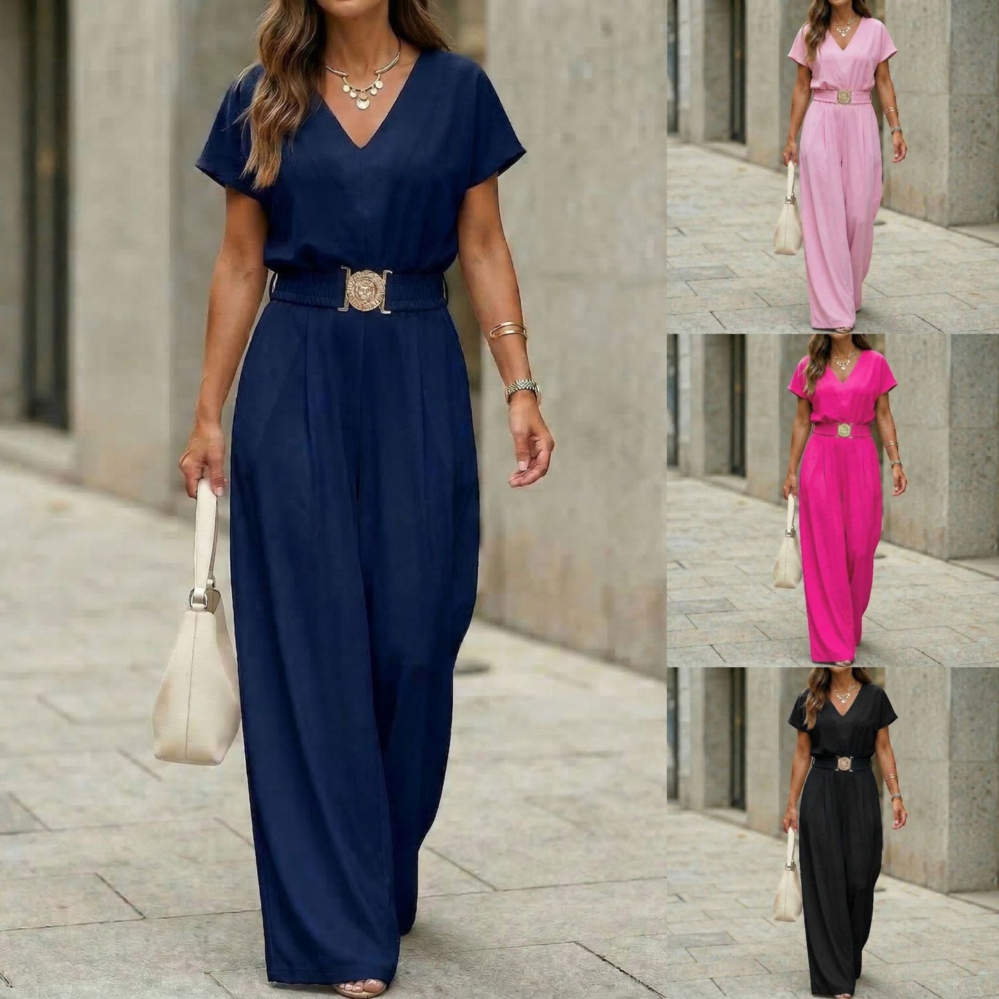 Womens V-neck Solid-color Short-sleeve Long-pants Belted Jumpsuit 