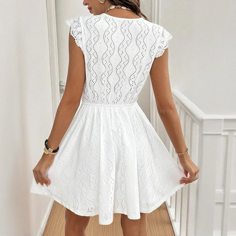 Women’s V‑Neck Short‑Sleeve Dress with Lace Trim CJ US