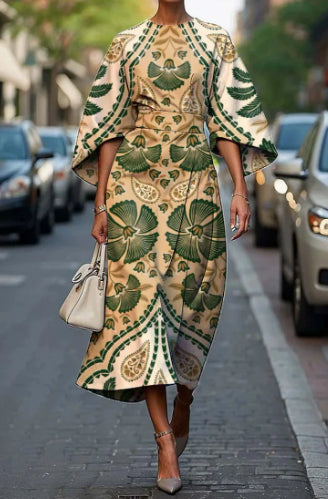 Women's Elegant Fashion Print Round Neck Long Dress 