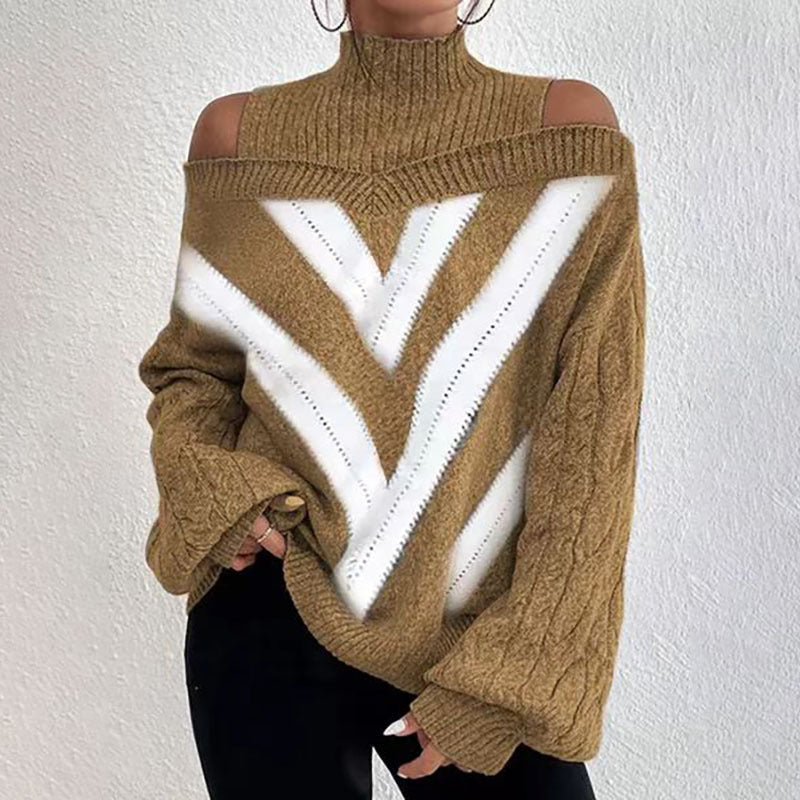 Women’s Elegant Off-Shoulder Turtleneck Sweater — Long Sleeve Knit Top 