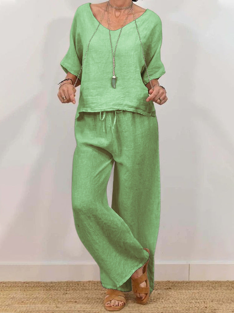Womens Multi-Color Two-Piece Set Casual V-Neck Pullover With Three-Quarter Sleeves And Extended Pants 