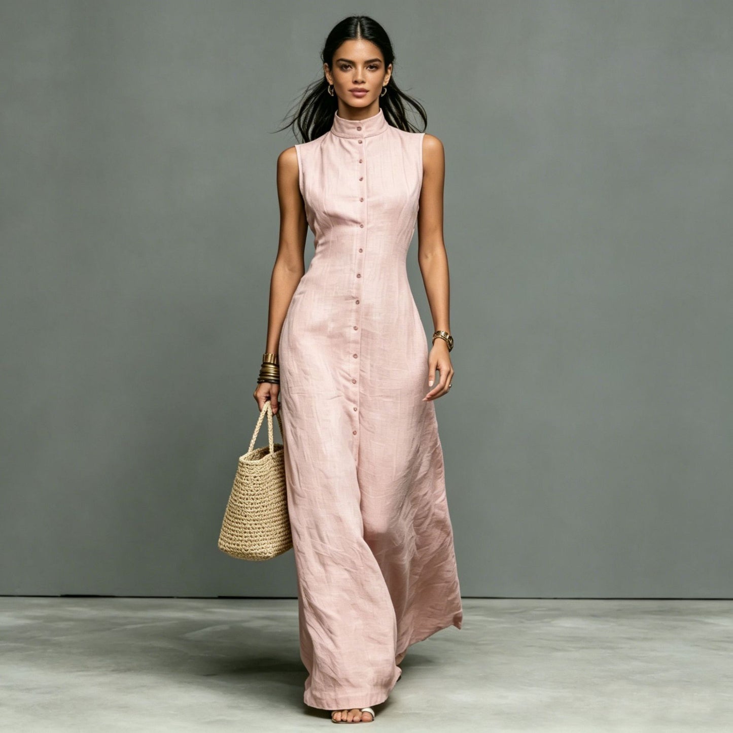 Blended Fabric Stand-up Collar Single-breasted Sleeveless Maxi Dress 