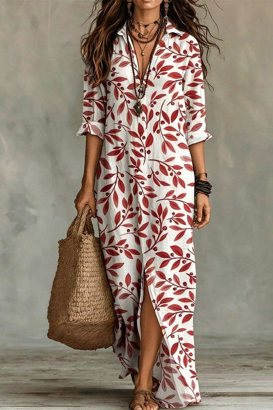 Casual Lapel-Neck Long Digital-Print Womens Shirt Dress 