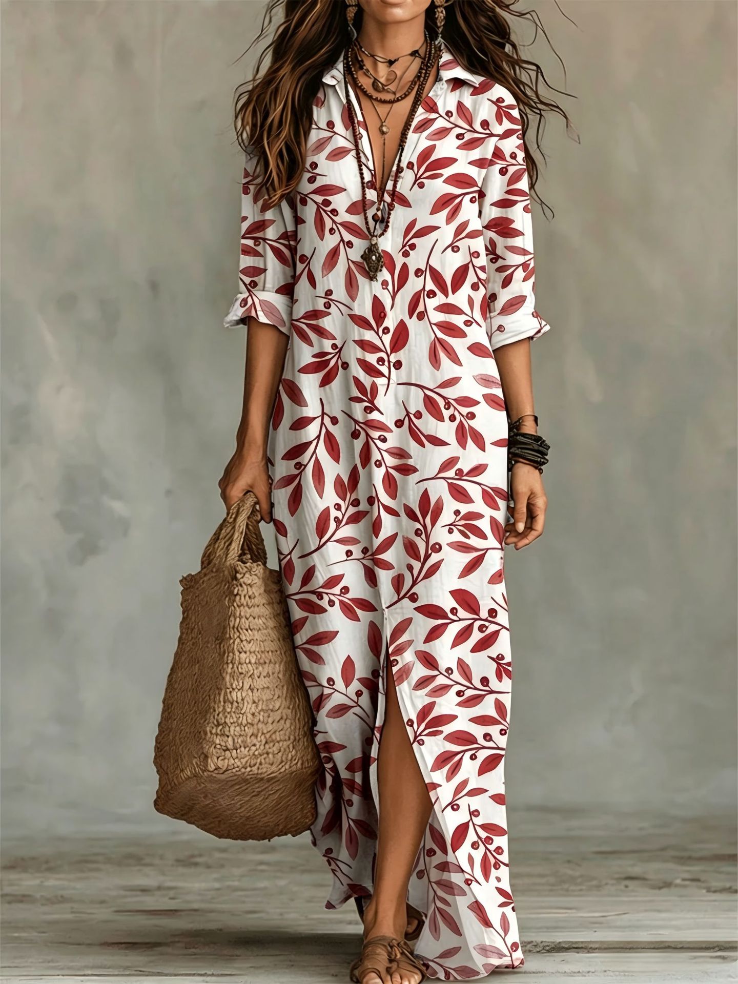 Casual Lapel-Neck Long Digital-Print Womens Shirt Dress 