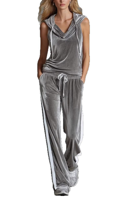 Fashionable Long Pants Sleeveless Hooded Velvet Two-Piece Set for Casual and Sporty Wear 