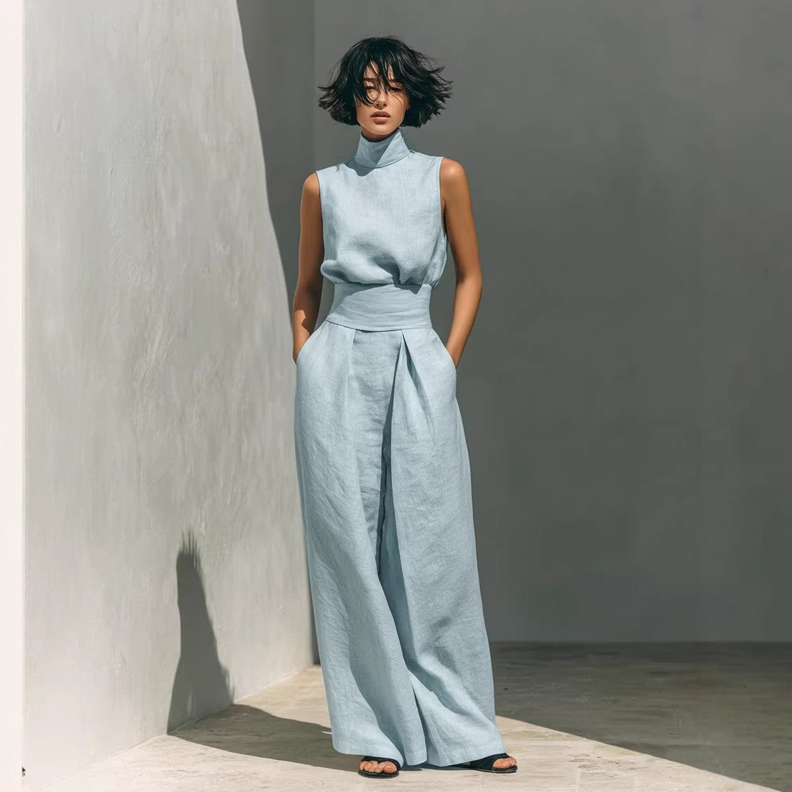 Womens Cotton-Linen Blend Sleeveless Top And Wide-Leg Pants Set 