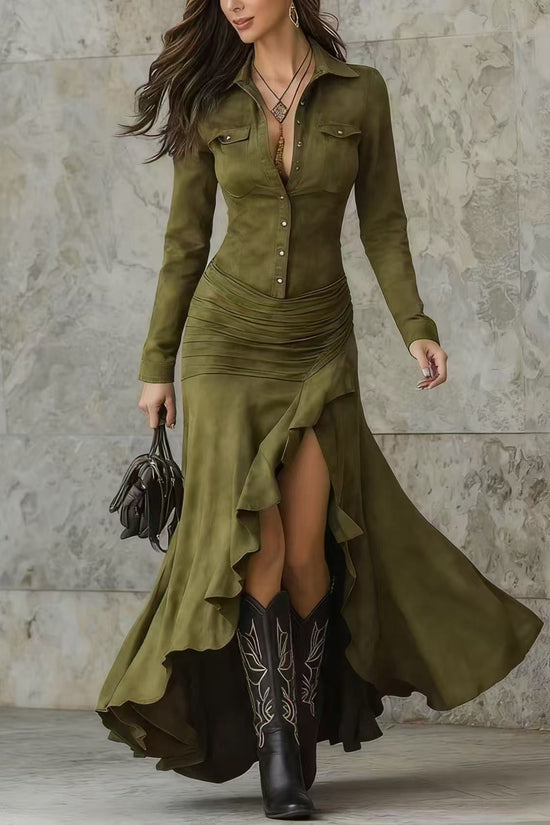 Elegant Zipper Stand Collar Slit Long Dress with Slim Fit 