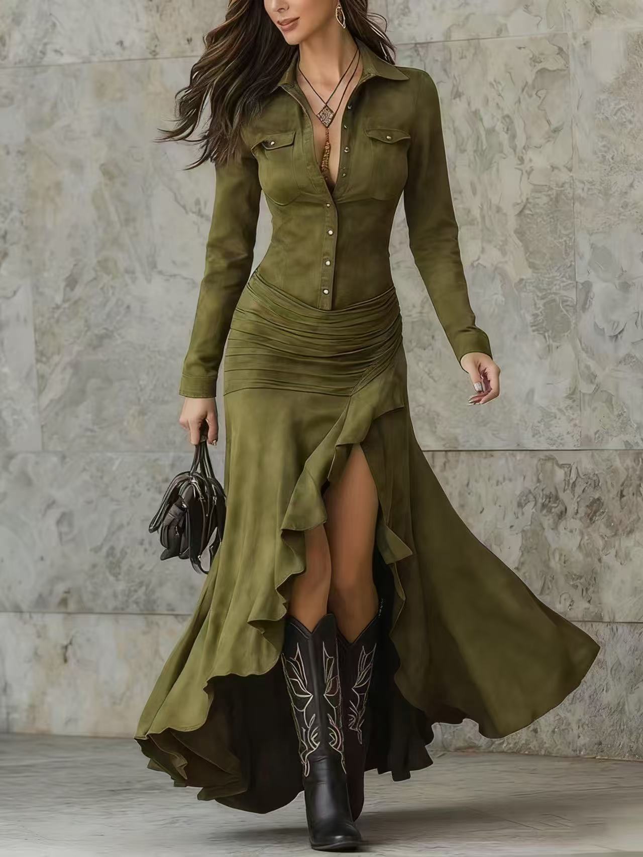 Elegant Zipper Stand Collar Slit Long Dress with Slim Fit 
