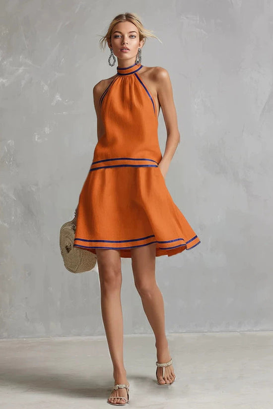Choker Neck Fashion Short Dress with Striped Trim, Comfortable Sleeveless Fitted Dress 