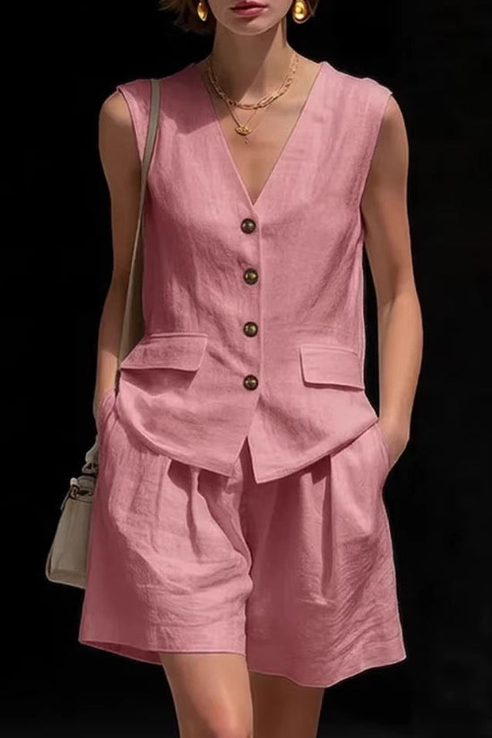 Womens Simple Elegant Cotton-Linen Vest Top And Shorts Two-Piece Set 