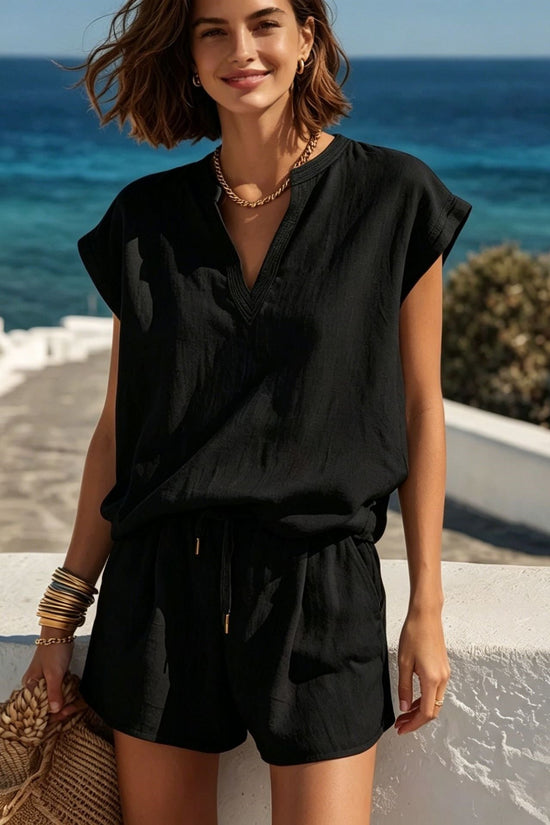 Casual Linen Two-Piece Set for Women, Solid Color, Short Sleeve Top and Shorts
