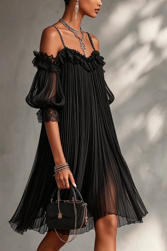 Sexy Sheer Lace Spliced Strap Solid Color Backless Dress 