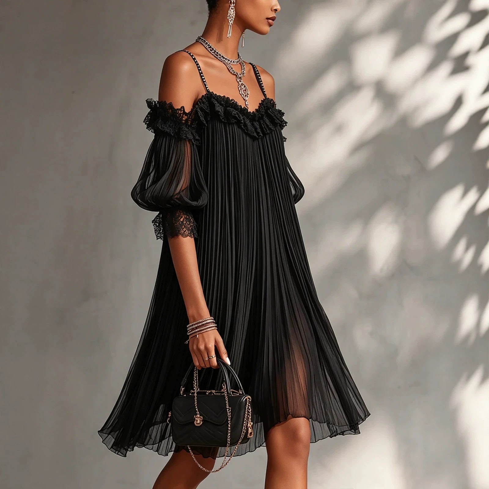 Sexy Sheer Lace Spliced Strap Solid Color Backless Dress 