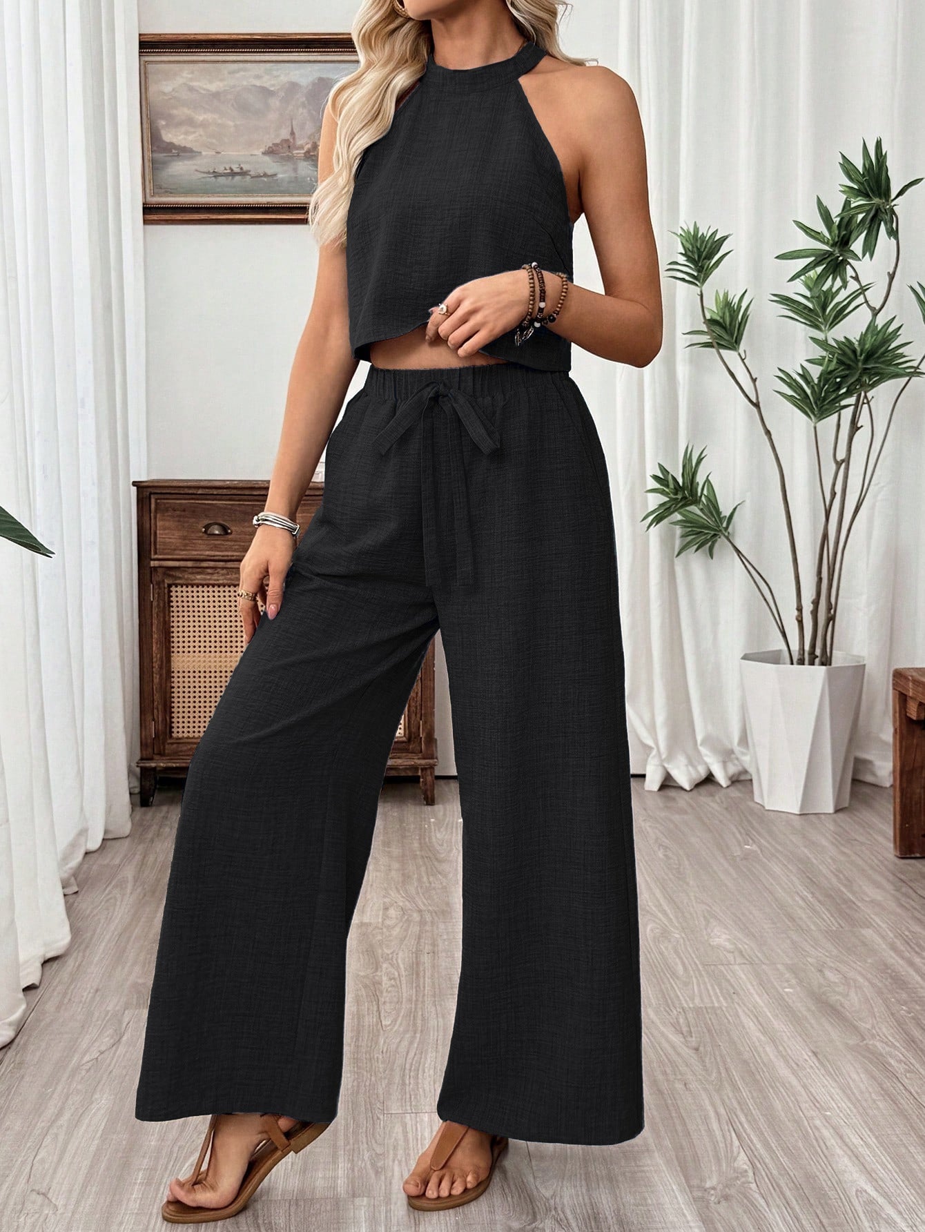 Neck-hanging Sleeveless Cropped Top And Wide-leg Pants Set 