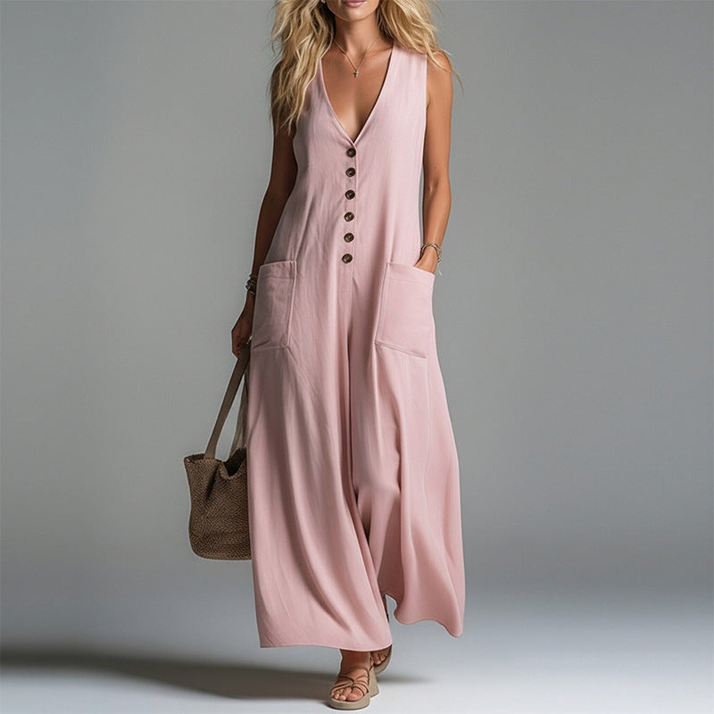Women's Stylish & Elegant Solid-Color V-Neck Button-Up Dress 