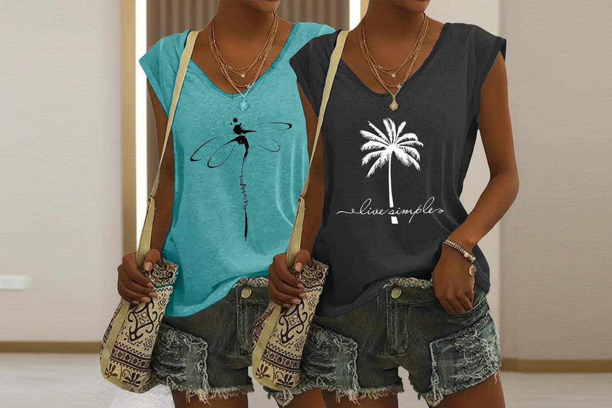2-Pack Women's V-Neck Sleeveless Tank Tops – Loose Fit Casual Summer Beach Shirts FitiqueFit