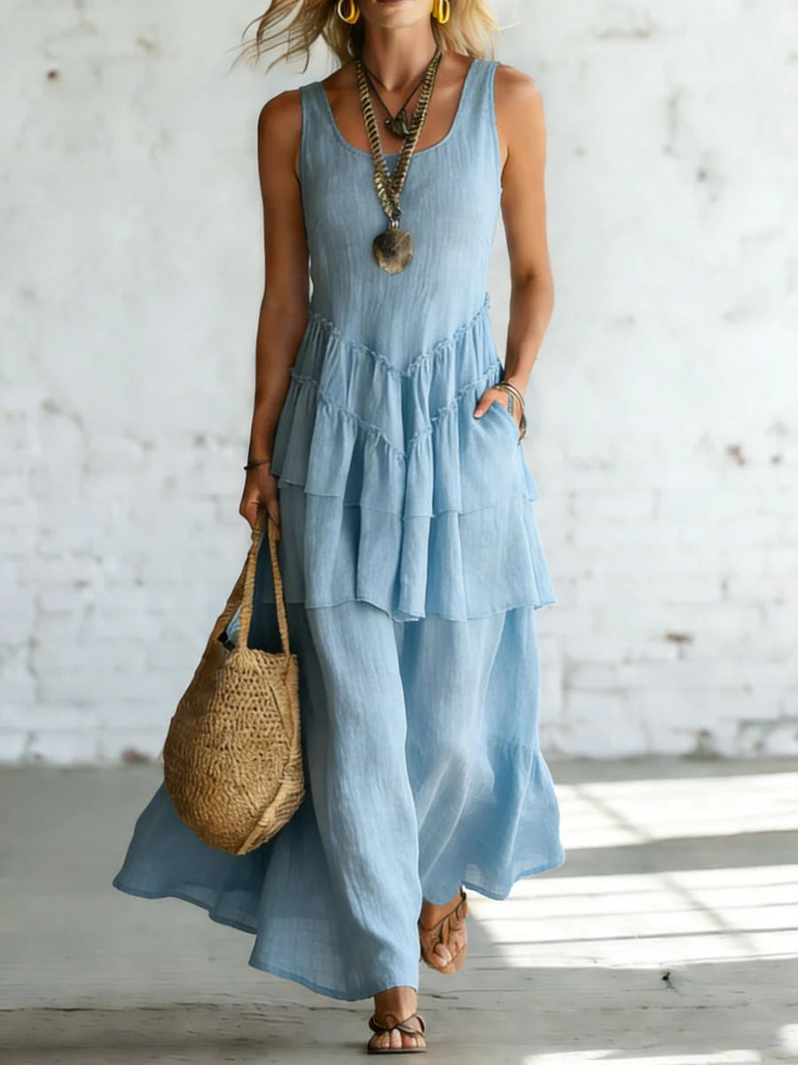 Cotton-linen Loose-fit Maxi Dress With A Sleeveless Design 