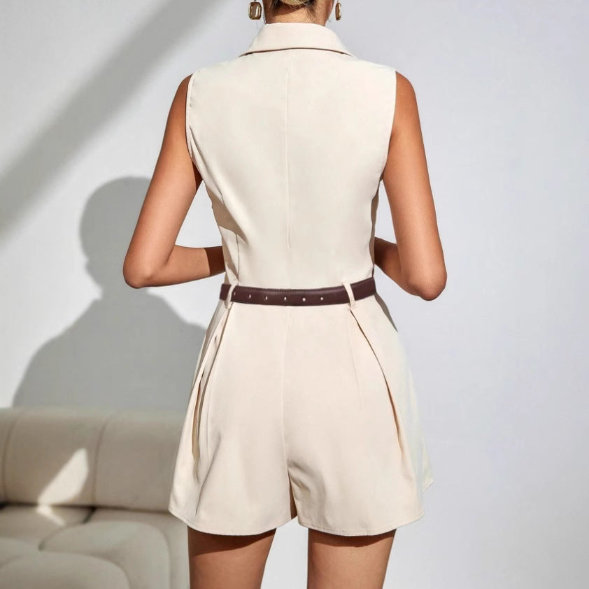 Elegant Commuter Pleated Short-Style Wide-Leg Jumpsuit 