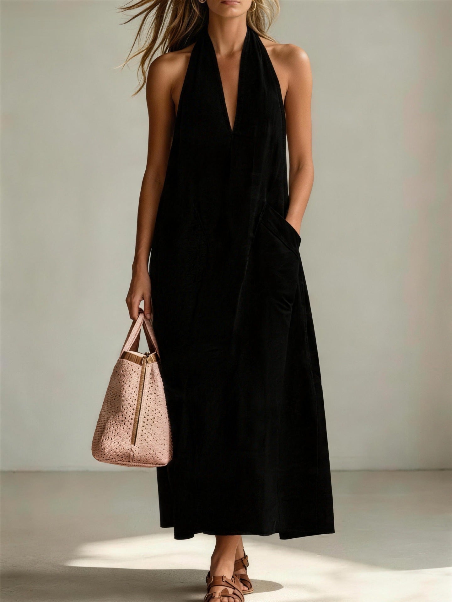 Cotton Halterneck Sleeveless Deep V-Neck Loose Straight-Line Dress 