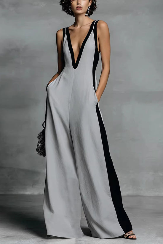 Sleeveless Womens V-Neck Contrasting Color Wide-Leg Jumpsuit 