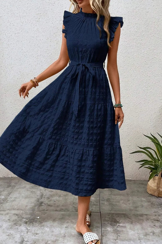 Tied Ruffled Cap Sleeve Midi Dress 