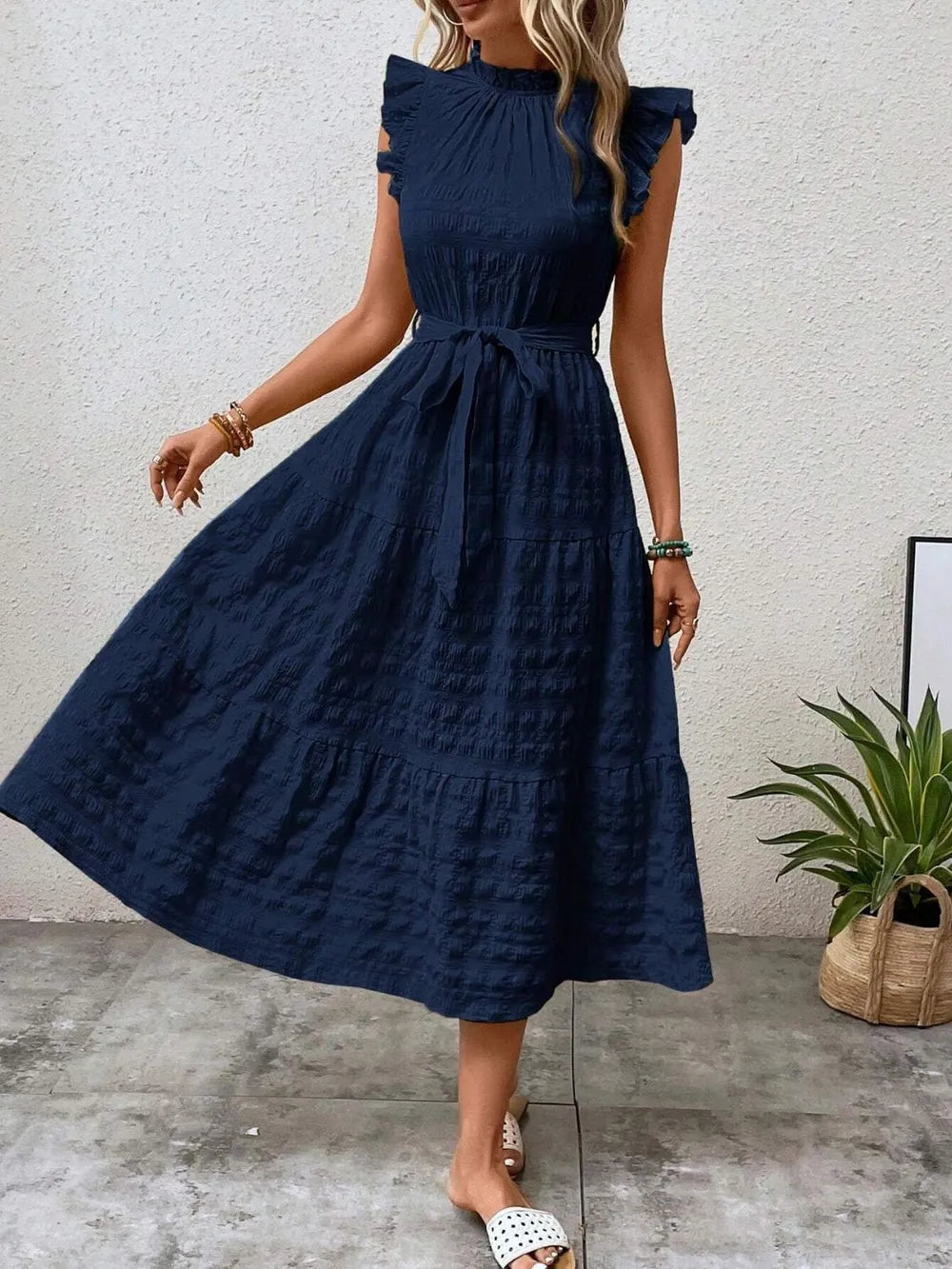 Tied Ruffled Cap Sleeve Midi Dress 