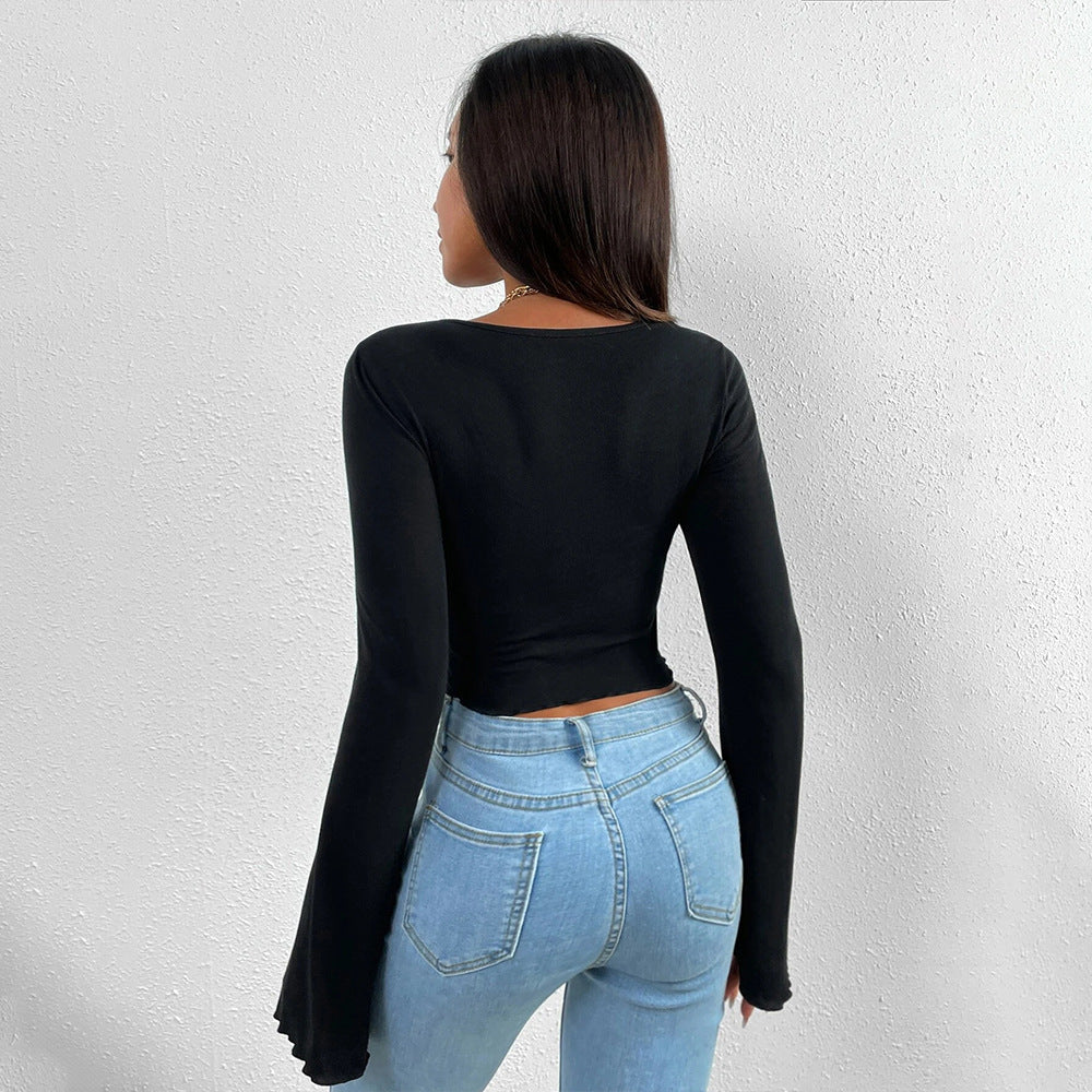 Ladies' elegant style T-shirt for spring and summer new style, slim fit short cut with slanted collar, solid color top 
