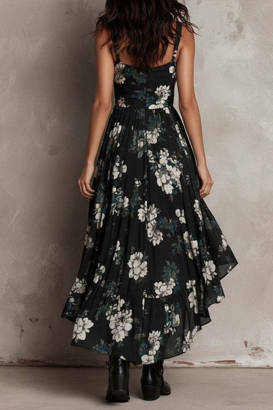 New style printed camisole dress for women, V-neck, waist cinched, high slit long skirt, fashionable vacation dress 