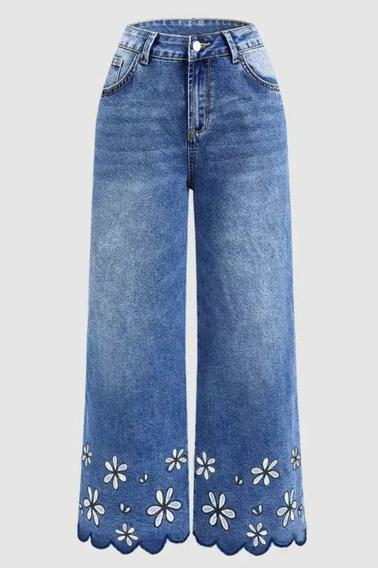 Chrysanthemum Embroidered Casual Stretch Womens Cropped Denim Jeans 