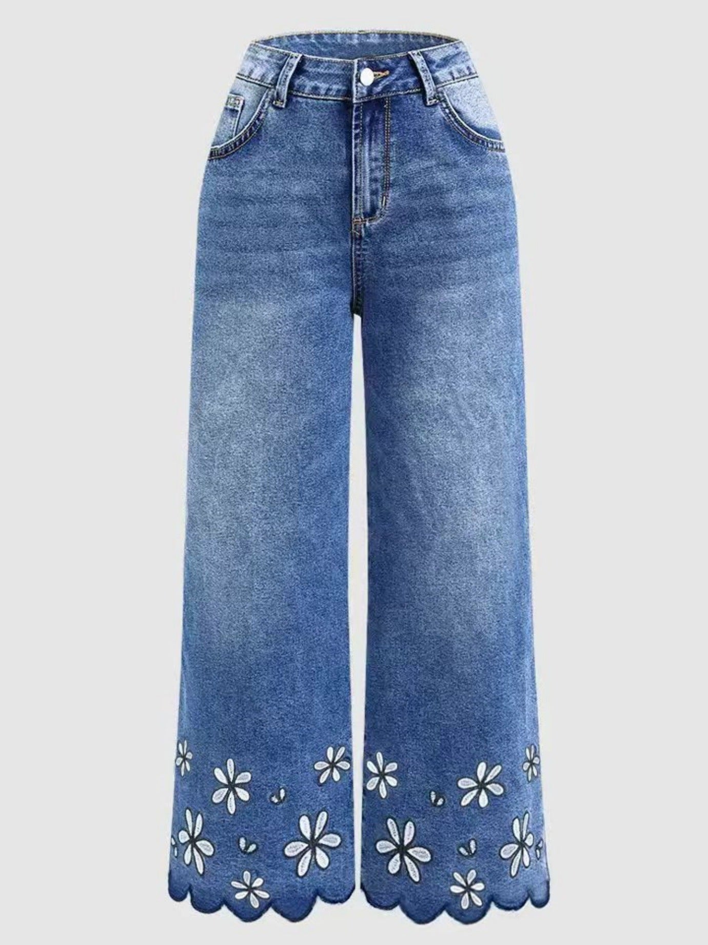 Chrysanthemum Embroidered Casual Stretch Womens Cropped Denim Jeans 