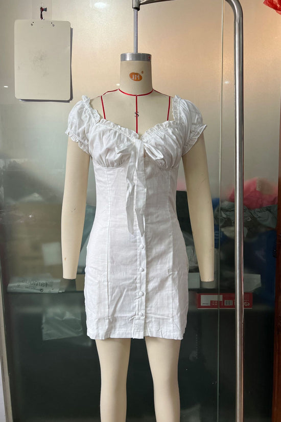 New Cotton-Linen Single-Breasted Off-Shoulder Lace-Up Puff-Sleeve Sheath Dress 