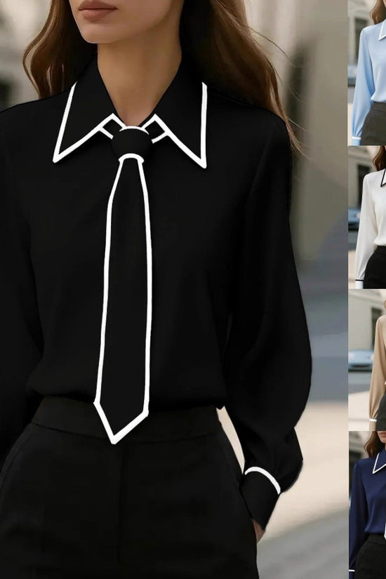 Autumn Fashion Solid Color Commute Tie Design Long Sleeve Shirt Women's Clothing 