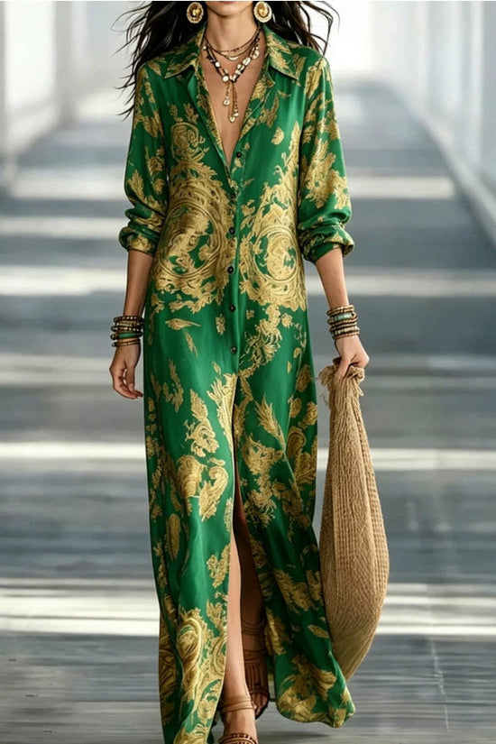 Blue Tone Printed Chiffon Turn-down Collar Split Resort Beach Dress 