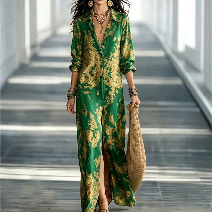 Blue Tone Printed Chiffon Turn-down Collar Split Resort Beach Dress 